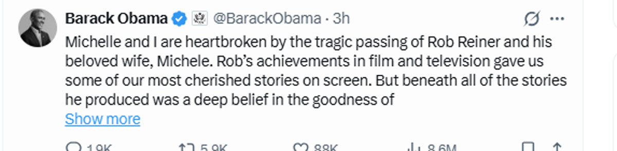Heartbroken Barack Obama reacts to tragic passing of Rob Reiner
